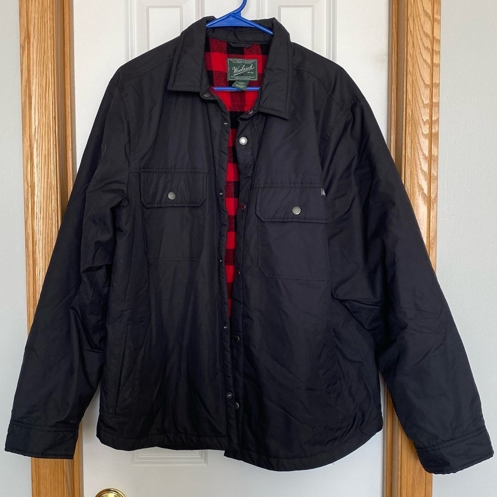 Woolrich Black Nylon Button Front Jacket Buffalo Plaid Lined Size Large